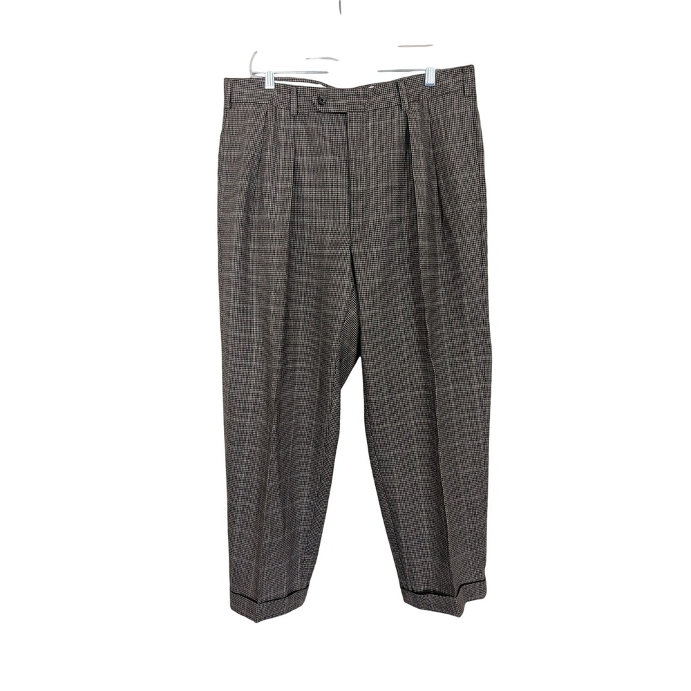 Tommy Hilfiger Mens Pleated Houndstooth Dress Pants Brown Cuffed 37x27